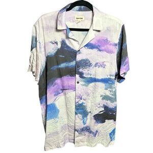 EUC Open Edit Mens Watercolor Purple Blue Button Down Short Sleeve Blouse - M